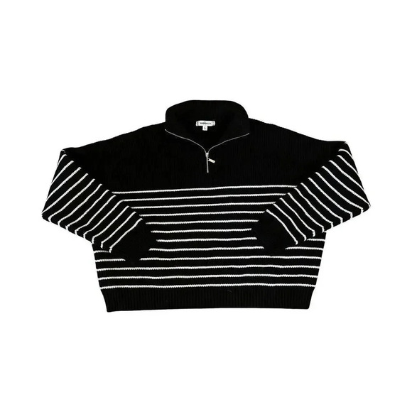 Vigoss Woman's 1/4 Zip Large Black Cropped Collared Ribbed Sweater White Stripes - Picture 1 of 3